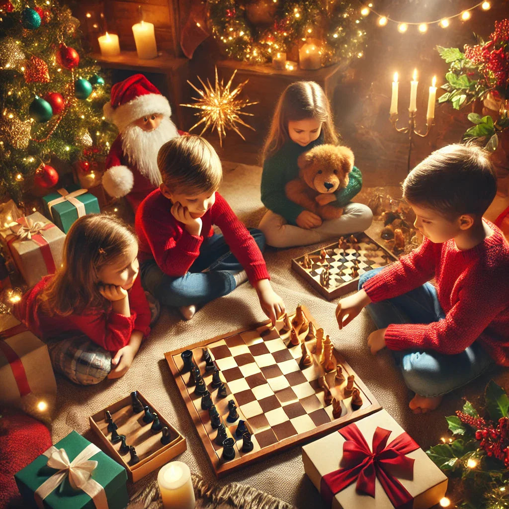 Familia y niños jugando a juegos de mesa en un ambiente navideño, destacando los beneficios educativos y el desarrollo infantil.