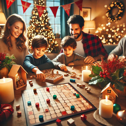 Niños y adultos jugando juegos de mesa alrededor de una mesa con decoraciones navideñas, mostrando unión familiar y diversión educativa durante la temporada festiva.